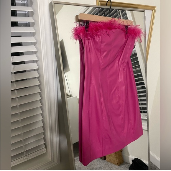 Boutique pink faux leather feather trimmed dress - Picture 5 of 6